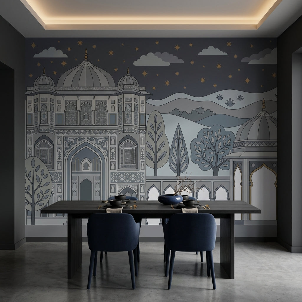 Saray Mimari Desenli Poster Duvar Kağıdı Gece Gökyüzü Salon
