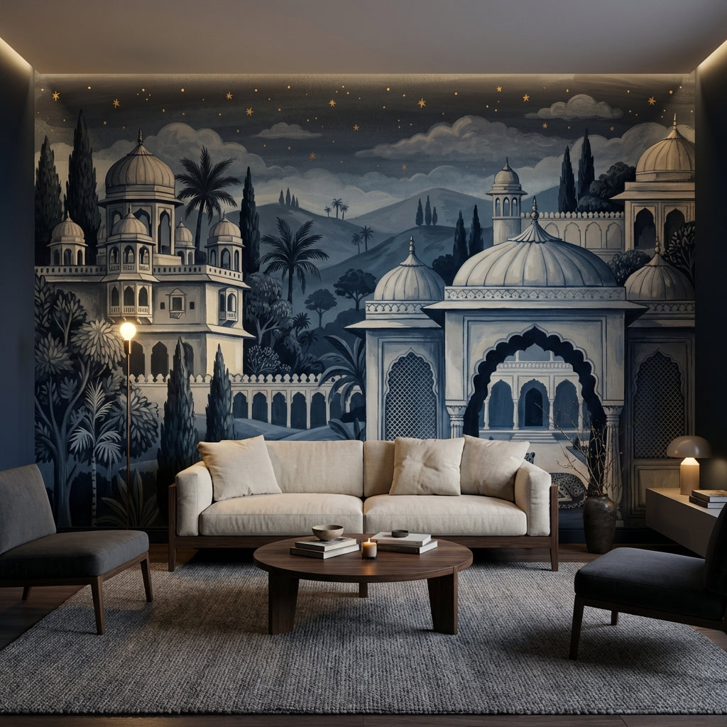 Gece Saray Manzaralı Poster Duvar Kağıdı Lacivert Yatak Odası