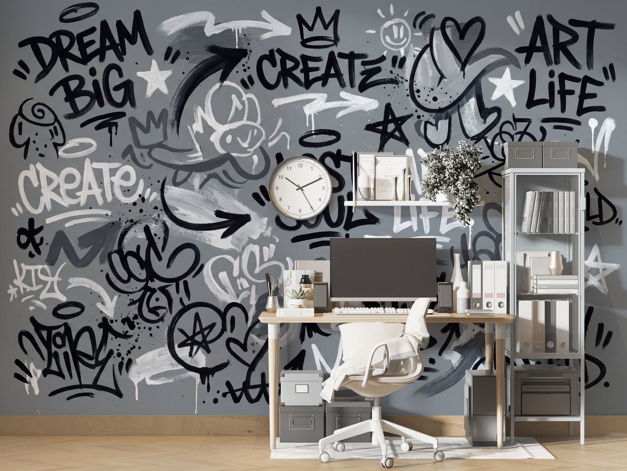 Gri Graffiti Yazılı Poster Duvar Kağıdı Genç Odası Dekoru