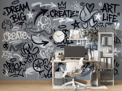 Gri Graffiti Yazılı Poster Duvar Kağıdı Genç Odası Dekoru