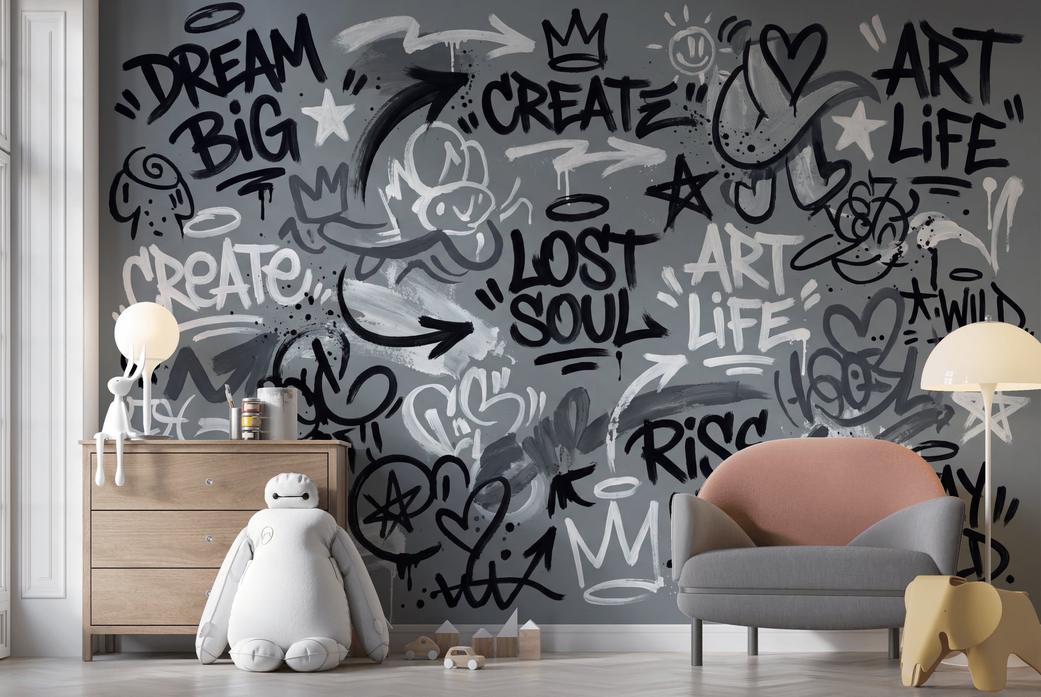 Gri Graffiti Yazılı Poster Duvar Kağıdı Genç Odası Dekoru