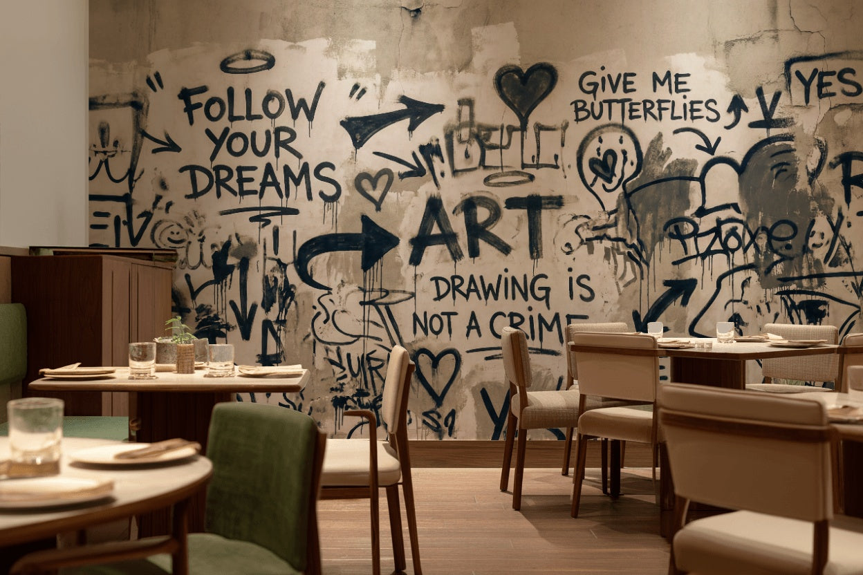 Graffiti Yazılı Poster Duvar Kağıdı Siyah Bej Modern Salon