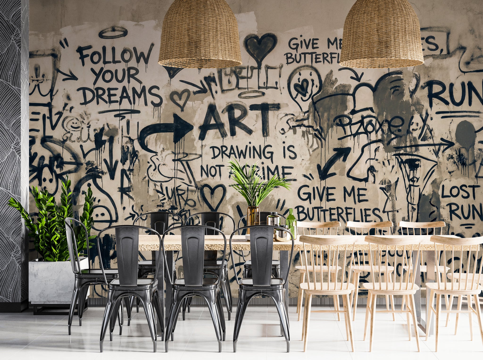 Graffiti Yazılı Poster Duvar Kağıdı Siyah Bej Modern Salon