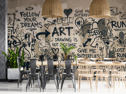 Graffiti Yazılı Poster Duvar Kağıdı Siyah Bej Modern Salon