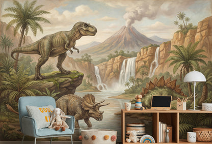 Dinozor ve Şelale Manzaralı Poster Duvar Kağıdı Genç Odası