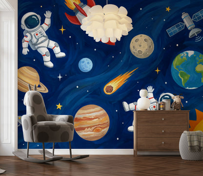 Uzay Temalı Poster Duvar Kağıdı Astronotlu Mavi Çocuk Odası
