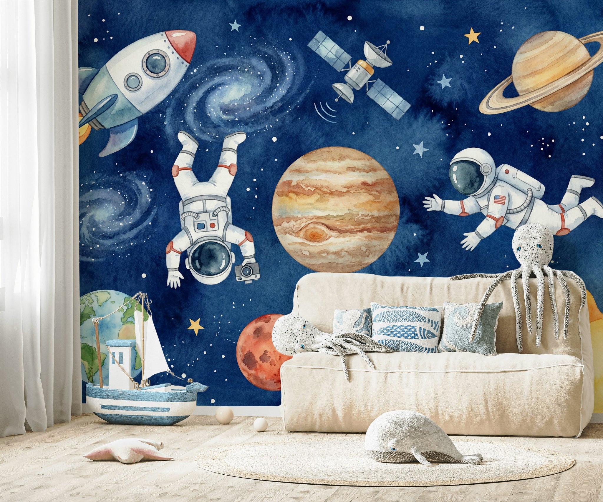 Uzay Astronot ve Gezegenli Poster Duvar Kağıdı Çocuk Odası