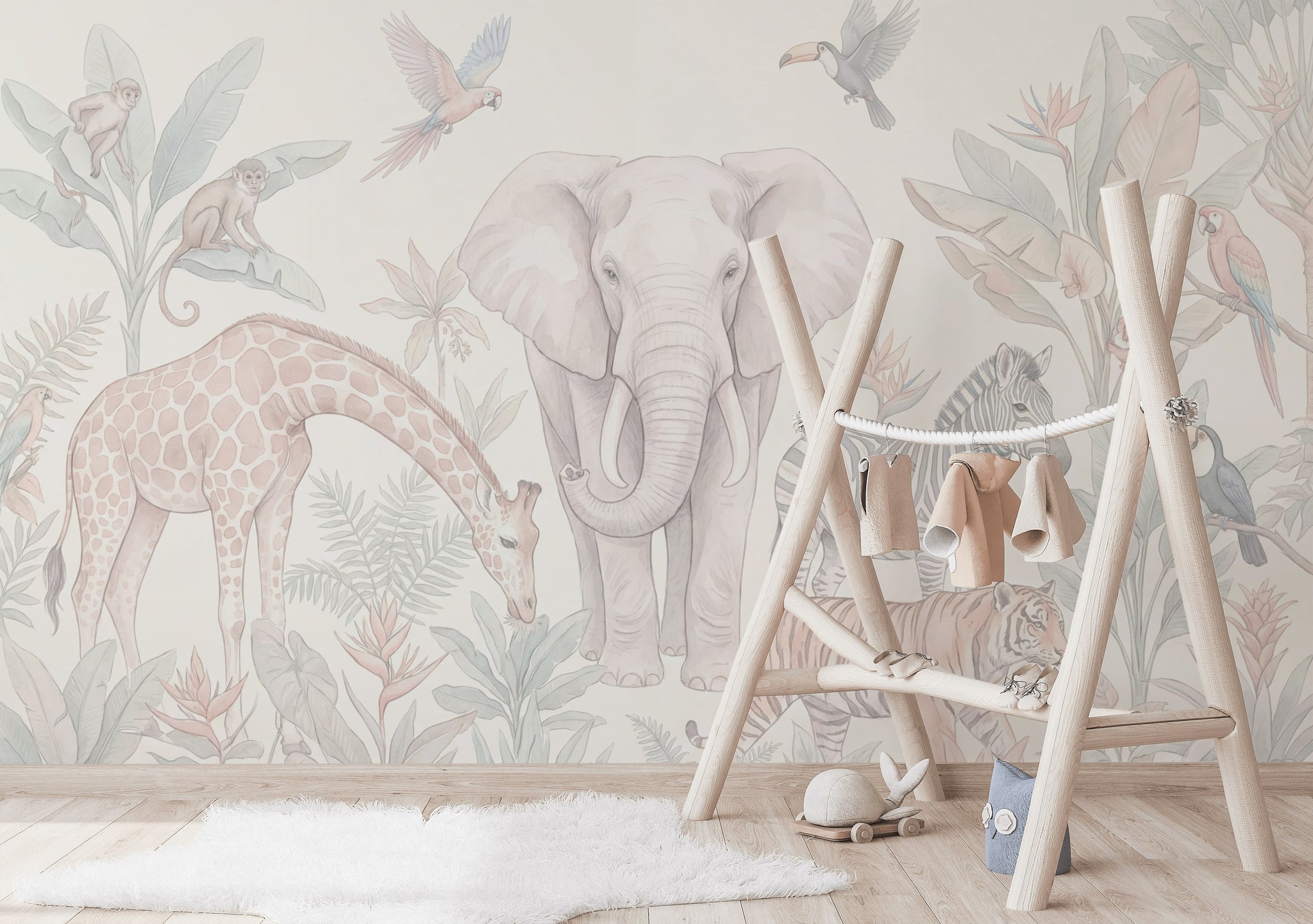 Safari Hayvanlı Poster Duvar Kağıdı Pastel Çocuk Odası