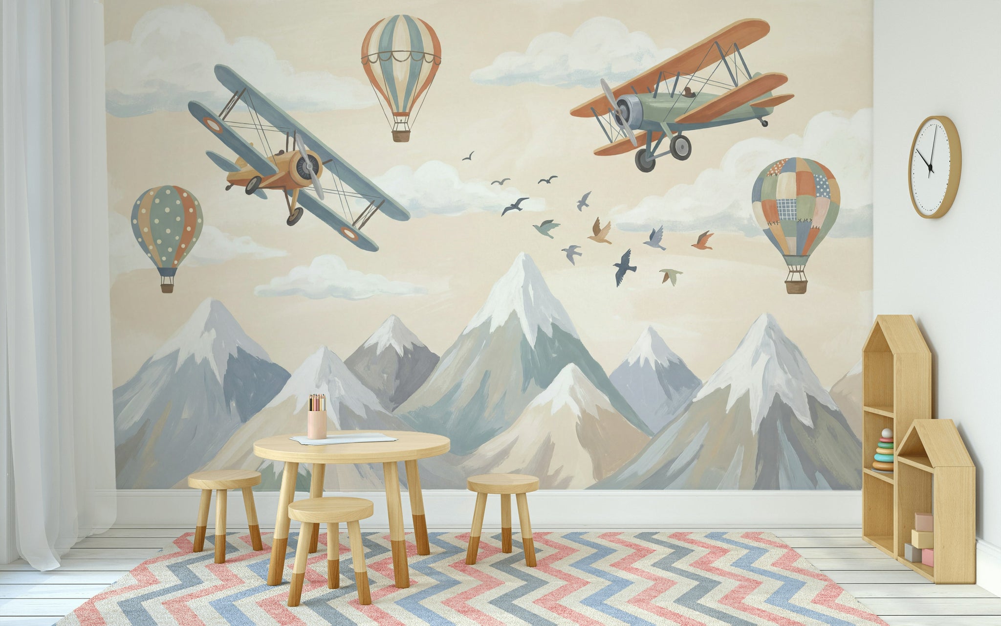 Uçak ve Balonlu Poster Duvar Kağıdı Çocuk Odası Pastel