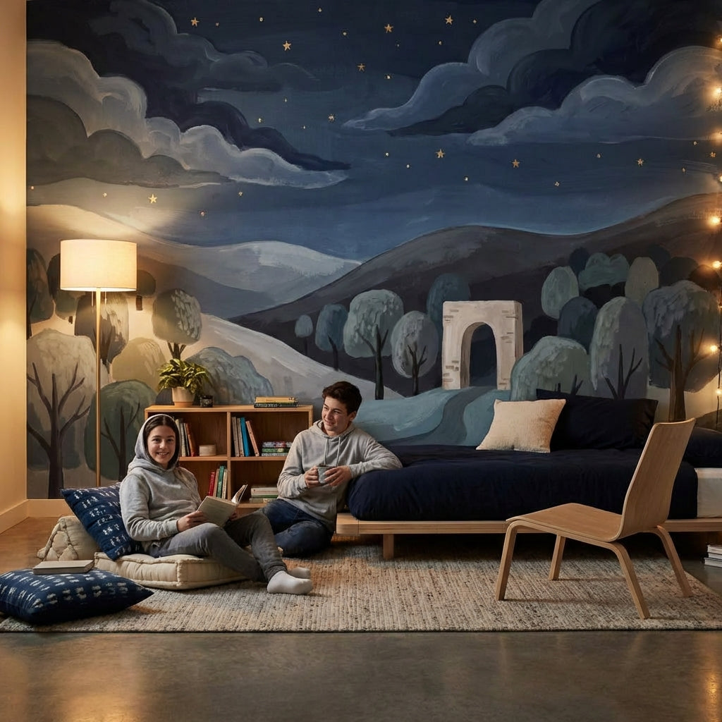 Gece Manzaralı Poster Duvar Kağıdı Lacivert Çocuk Odası