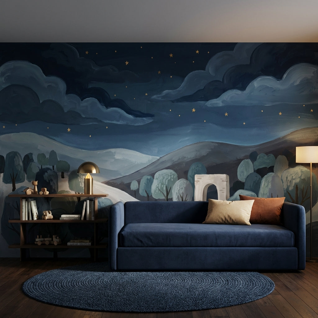 Gece Manzaralı Poster Duvar Kağıdı Lacivert Çocuk Odası