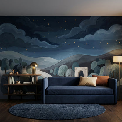 Gece Manzaralı Poster Duvar Kağıdı Lacivert Çocuk Odası