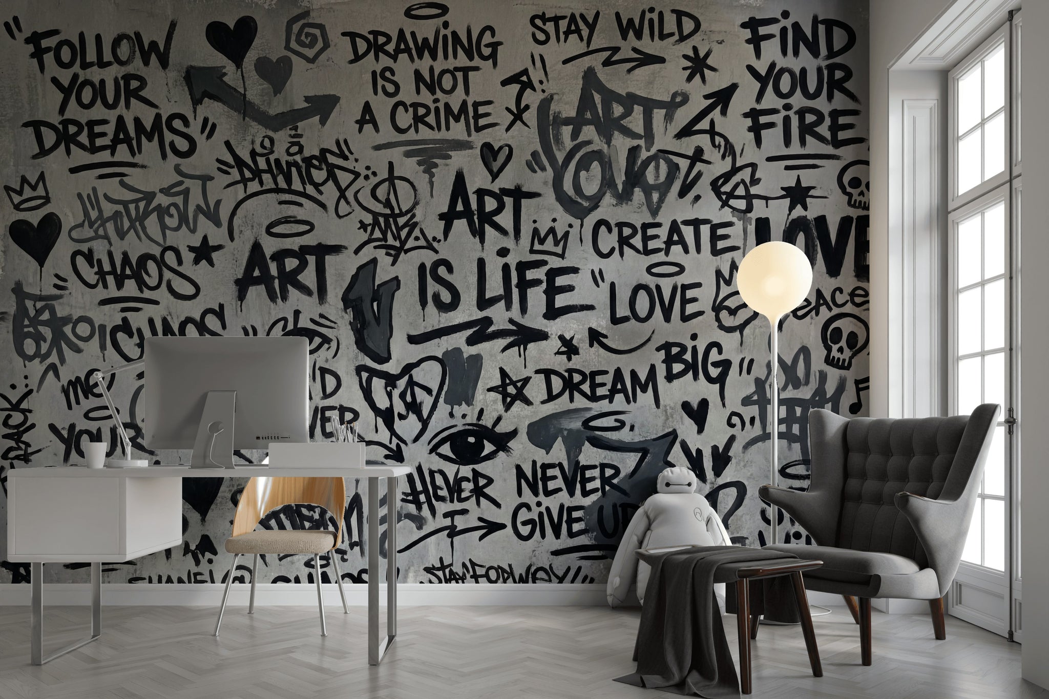 Graffiti Yazılı Poster Duvar Kağıdı Siyah Beyaz Genç Odası