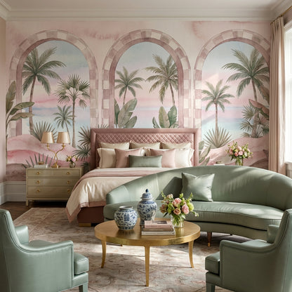 Palmiye Manzaralı Poster Duvar Kağıdı Pastel Pembe Salon Dekoru