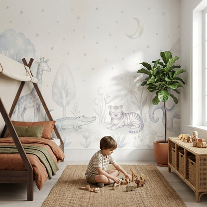 Pastel Safari Hayvanlı Poster Duvar Kağıdı Bebek Odası Gri