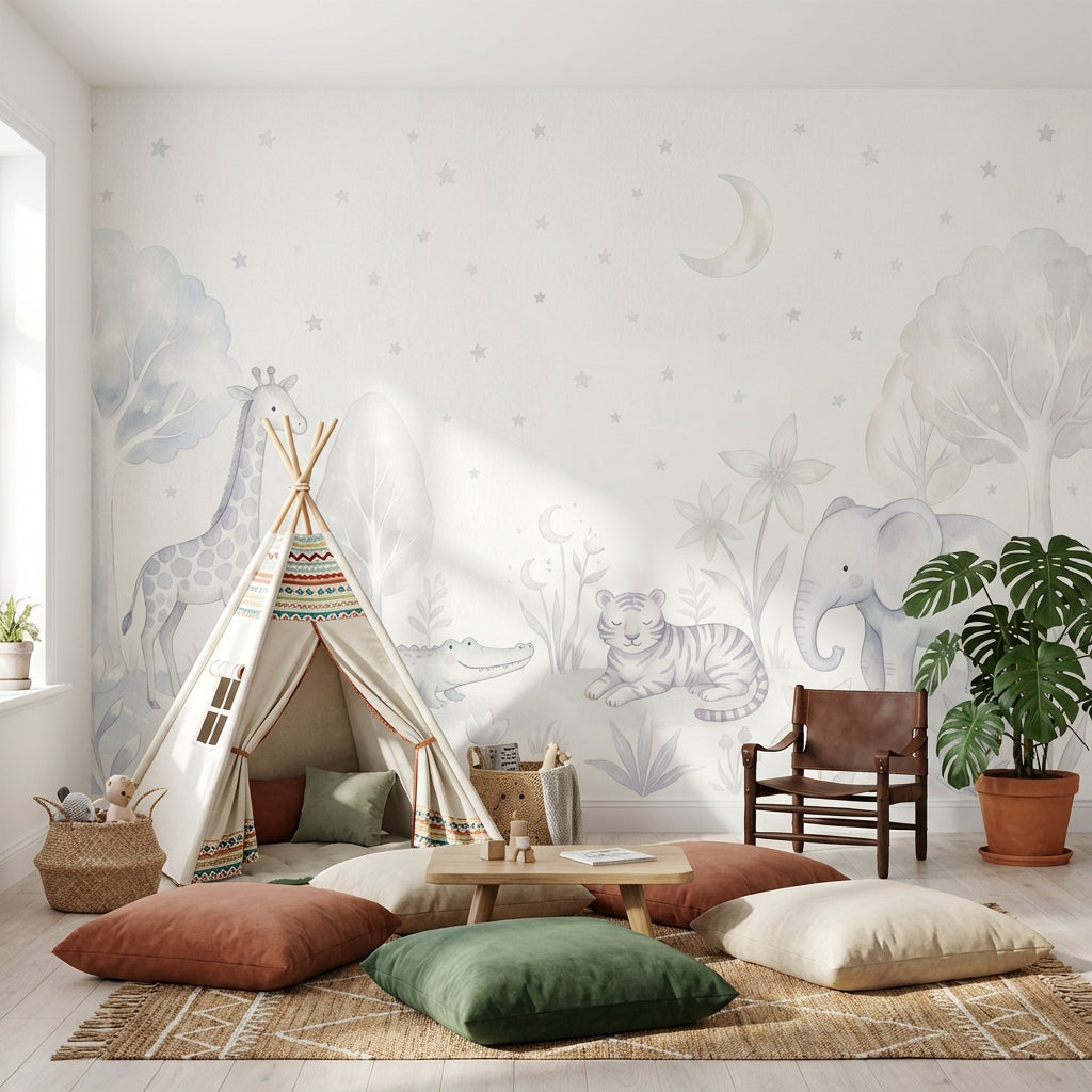 Pastel Safari Hayvanlı Poster Duvar Kağıdı Bebek Odası Gri