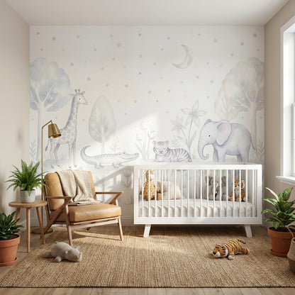 Pastel Safari Hayvanlı Poster Duvar Kağıdı Bebek Odası Gri