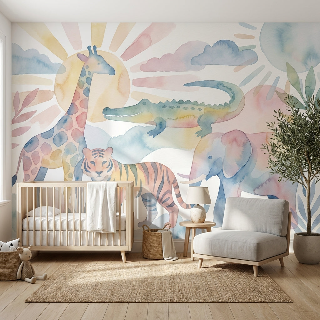 Pastel Safari Hayvanlı Poster Duvar Kağıdı Bebek Odası