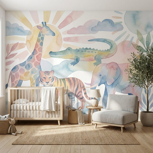 Pastel Safari Hayvanlı Poster Duvar Kağıdı Bebek Odası