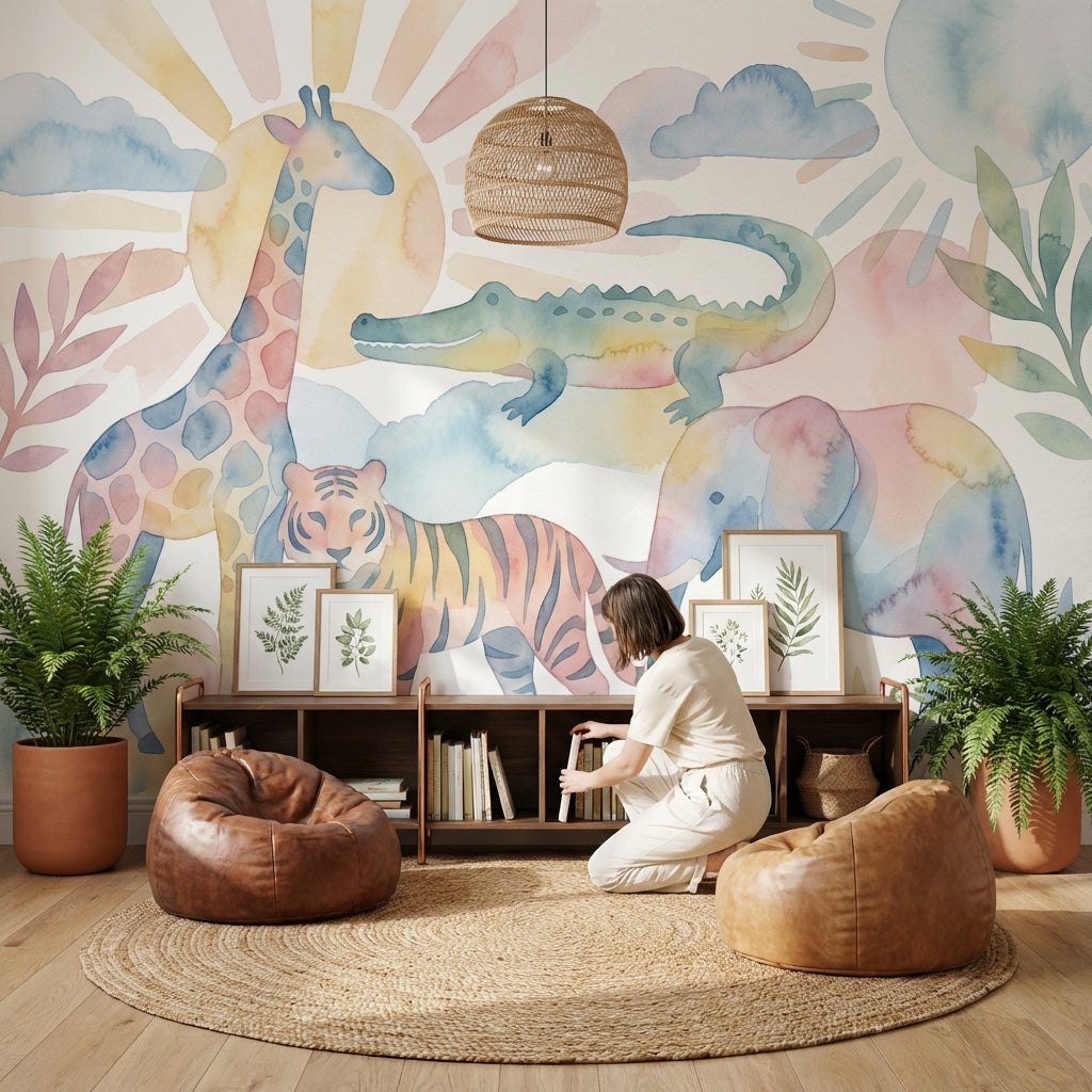 Pastel Safari Hayvanlı Poster Duvar Kağıdı Bebek Odası