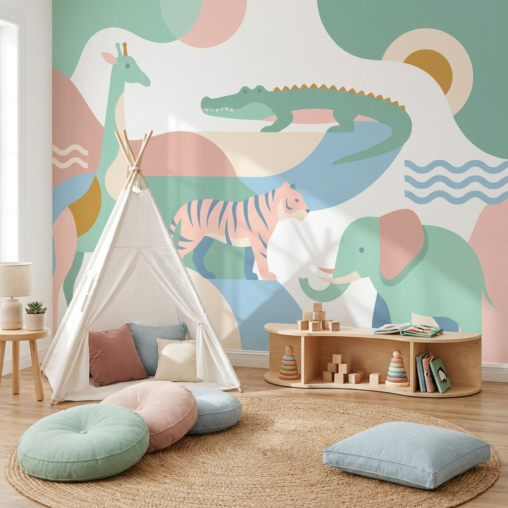 Pastel Safari Hayvanları Poster Duvar Kağıdı Çocuk Odası Duvarı