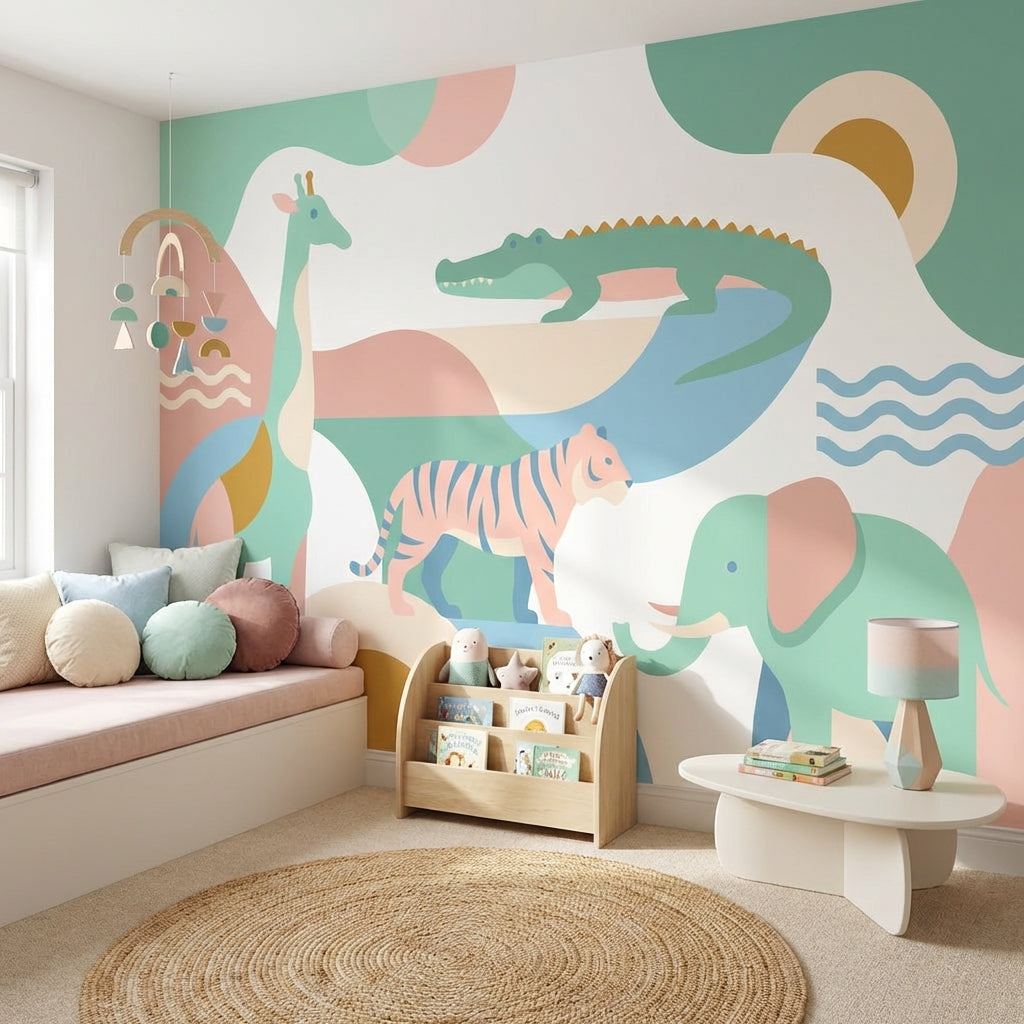 Pastel Safari Hayvanları Poster Duvar Kağıdı Çocuk Odası Duvarı