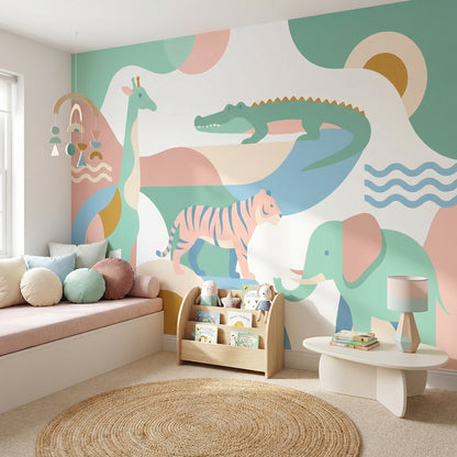 Pastel Safari Hayvanları Poster Duvar Kağıdı Çocuk Odası Duvarı