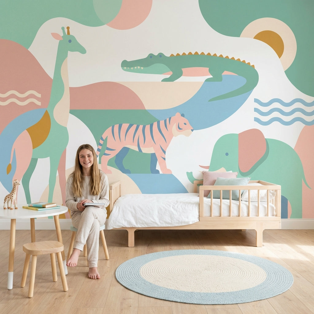 Pastel Safari Hayvanları Poster Duvar Kağıdı Çocuk Odası Duvarı