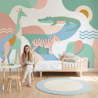 Pastel Safari Hayvanları Poster Duvar Kağıdı Çocuk Odası Duvarı