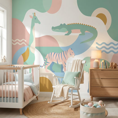 Pastel Safari Hayvanları Poster Duvar Kağıdı Çocuk Odası Duvarı
