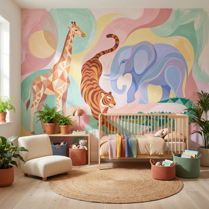 Pastel Safari Hayvanlı Poster Duvar Kağıdı Bebek Odası