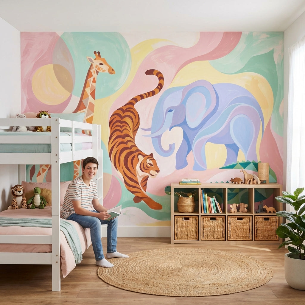 Pastel Safari Hayvanlı Poster Duvar Kağıdı Bebek Odası