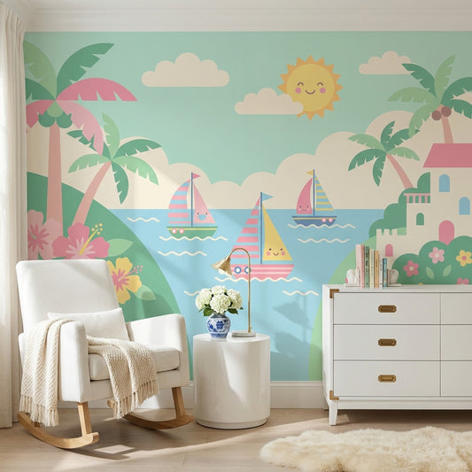 Tropik Deniz Manzaralı Poster Duvar Kağıdı Çocuk Odası Pastel
