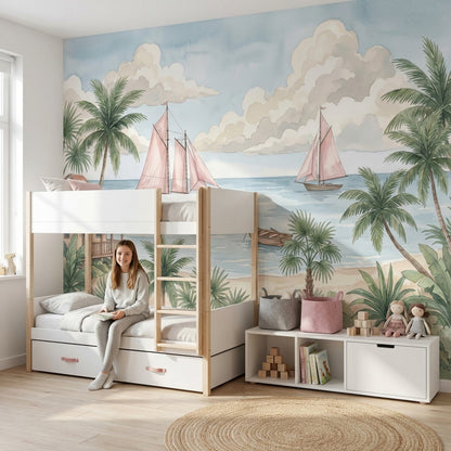 Tropikal Deniz Yelkenli Poster Duvar Kağıdı Pastel Çocuk Odası
