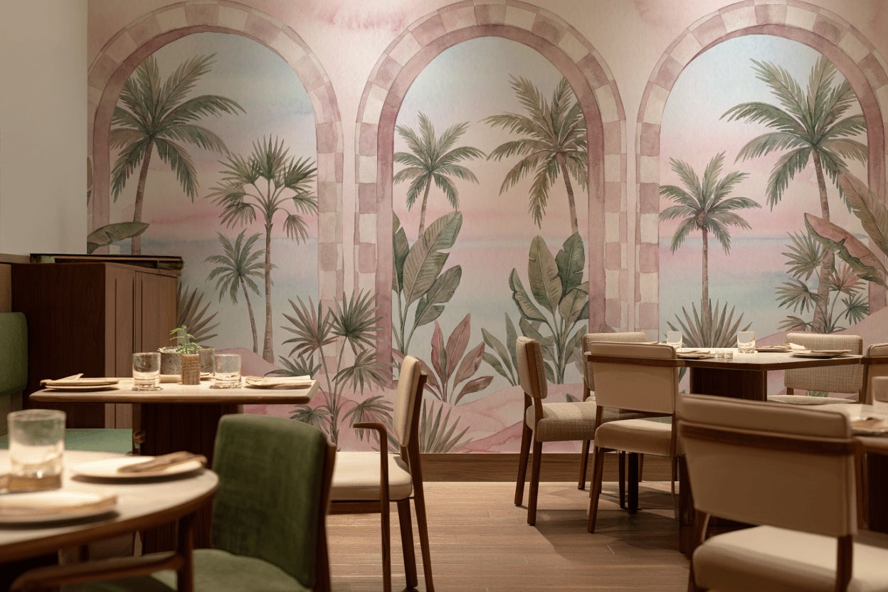 Palmiye Manzaralı Poster Duvar Kağıdı Pastel Pembe Salon Dekoru