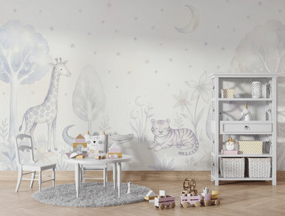 Pastel Safari Hayvanlı Poster Duvar Kağıdı Bebek Odası Gri