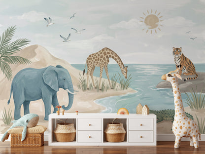 Safari Hayvanları Poster Duvar Kağıdı Pastel Çocuk Odası Duvar Dekoru
