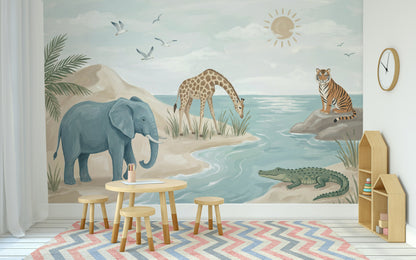 Safari Hayvanları Poster Duvar Kağıdı Pastel Çocuk Odası Duvar Dekoru