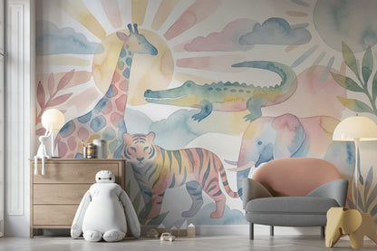 Pastel Safari Hayvanlı Poster Duvar Kağıdı Bebek Odası