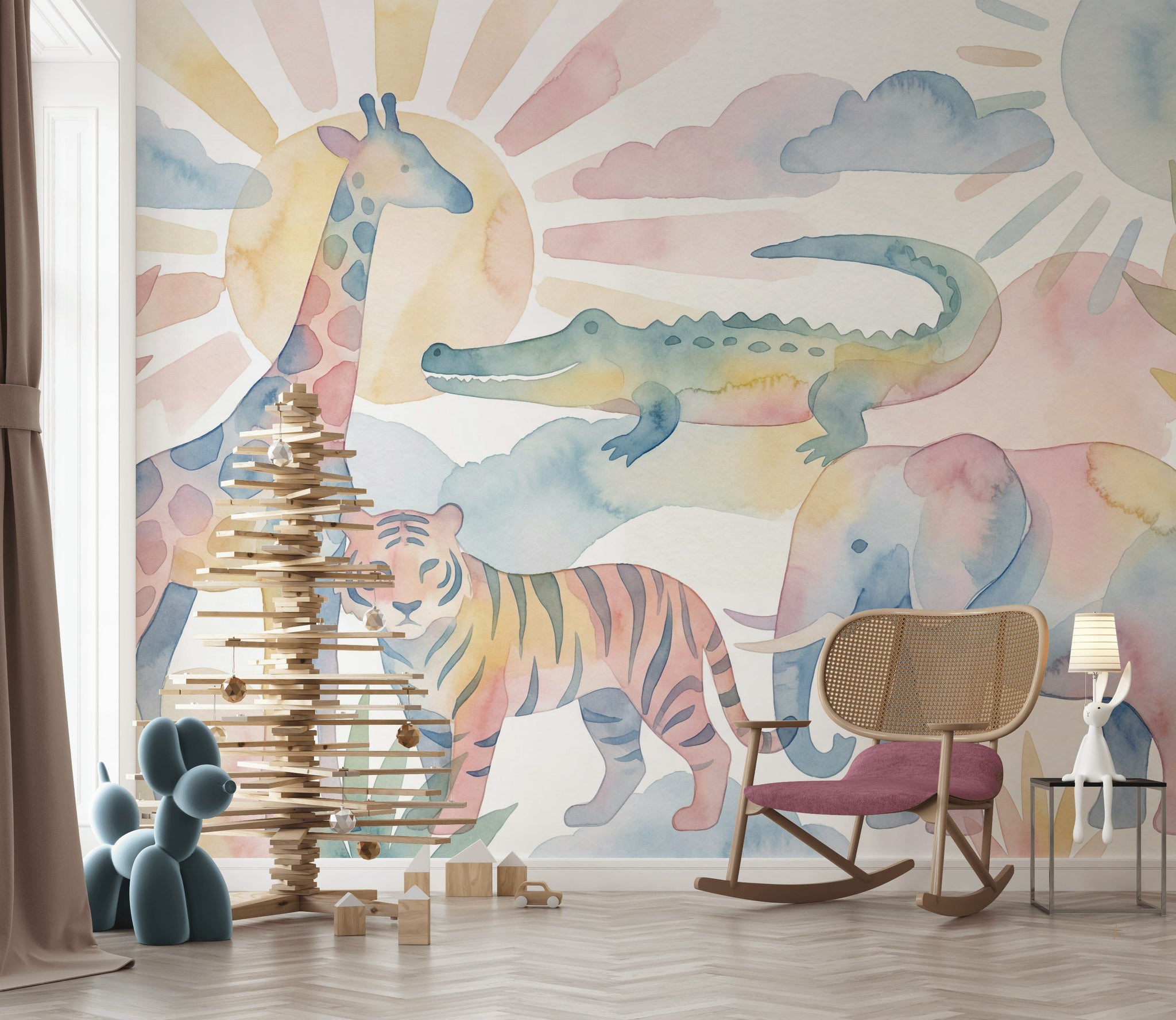 Pastel Safari Hayvanlı Poster Duvar Kağıdı Bebek Odası
