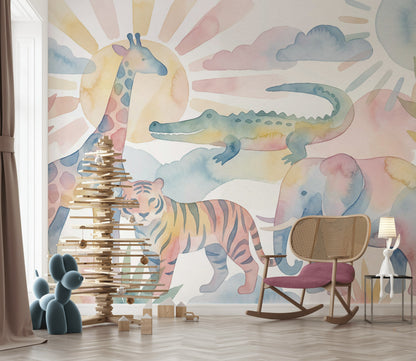 Pastel Safari Hayvanlı Poster Duvar Kağıdı Bebek Odası