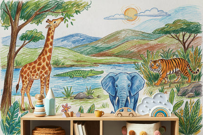 Safari Hayvanlı Poster Duvar Kağıdı Çocuk Odası Yeşil Desenli