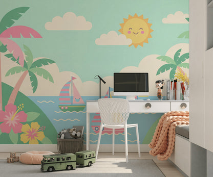 Tropik Deniz Manzaralı Poster Duvar Kağıdı Çocuk Odası Pastel