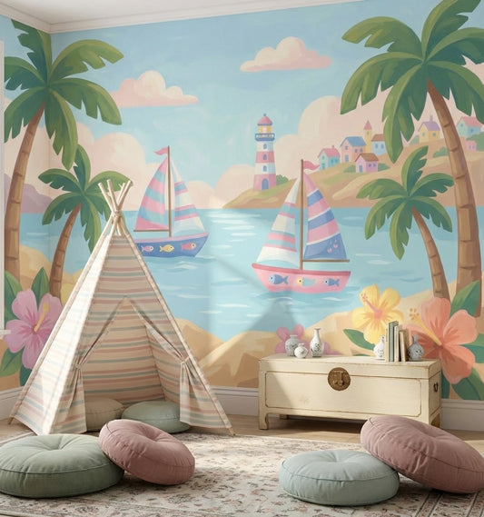 Palmiyeli Sahil Manzarası Poster Duvar Kağıdı Çocuk Odası