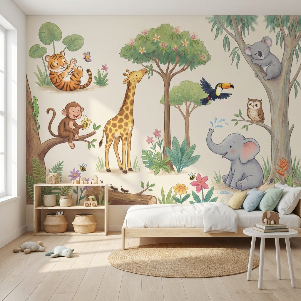 Safari Hayvanlı Poster Duvar Kağıdı Pastel Çocuk Odası Duvar Murali