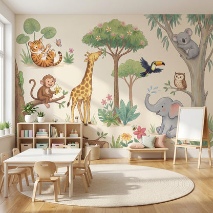Safari Hayvanlı Poster Duvar Kağıdı Pastel Çocuk Odası Duvar Murali