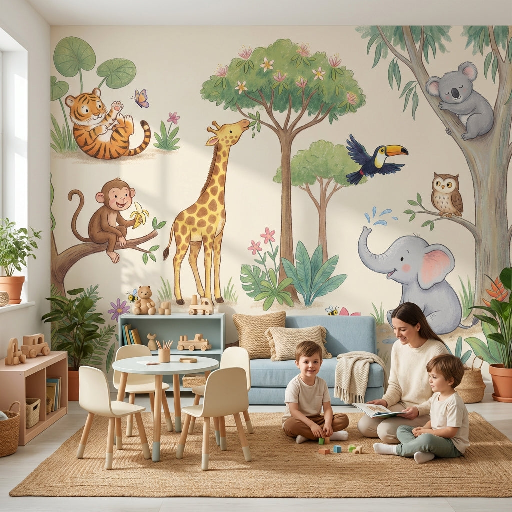 Safari Hayvanlı Poster Duvar Kağıdı Pastel Çocuk Odası Duvar Murali