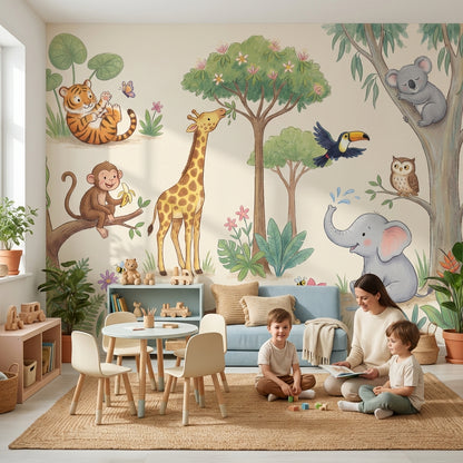 Safari Hayvanlı Poster Duvar Kağıdı Pastel Çocuk Odası Duvar Murali