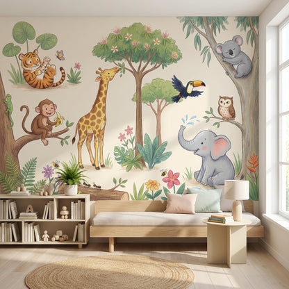 Safari Hayvanlı Poster Duvar Kağıdı Pastel Çocuk Odası Duvar Murali