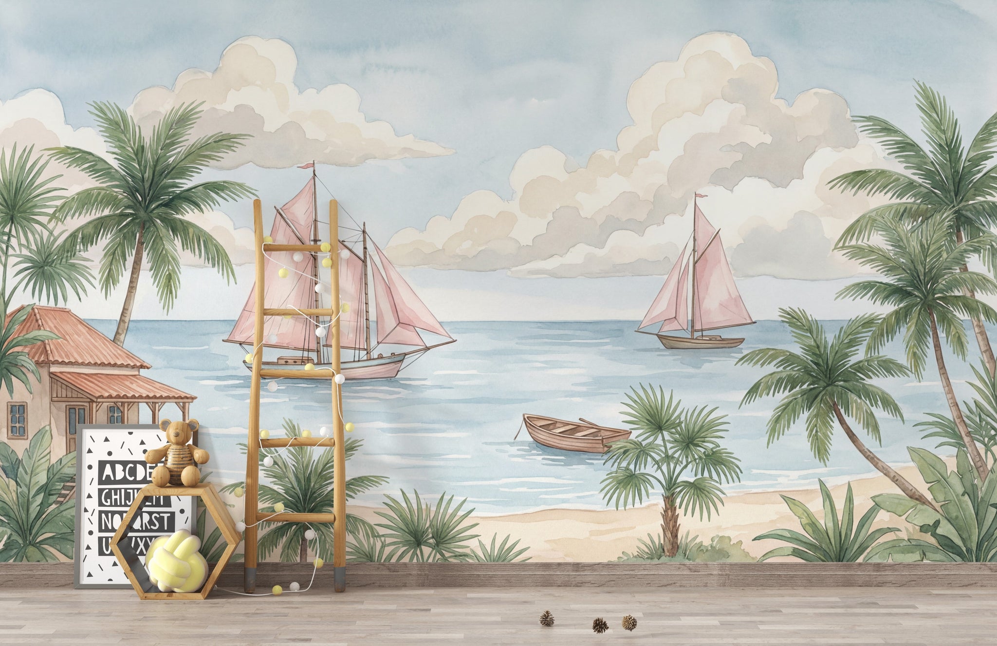 Tropikal Deniz Yelkenli Poster Duvar Kağıdı Pastel Çocuk Odası